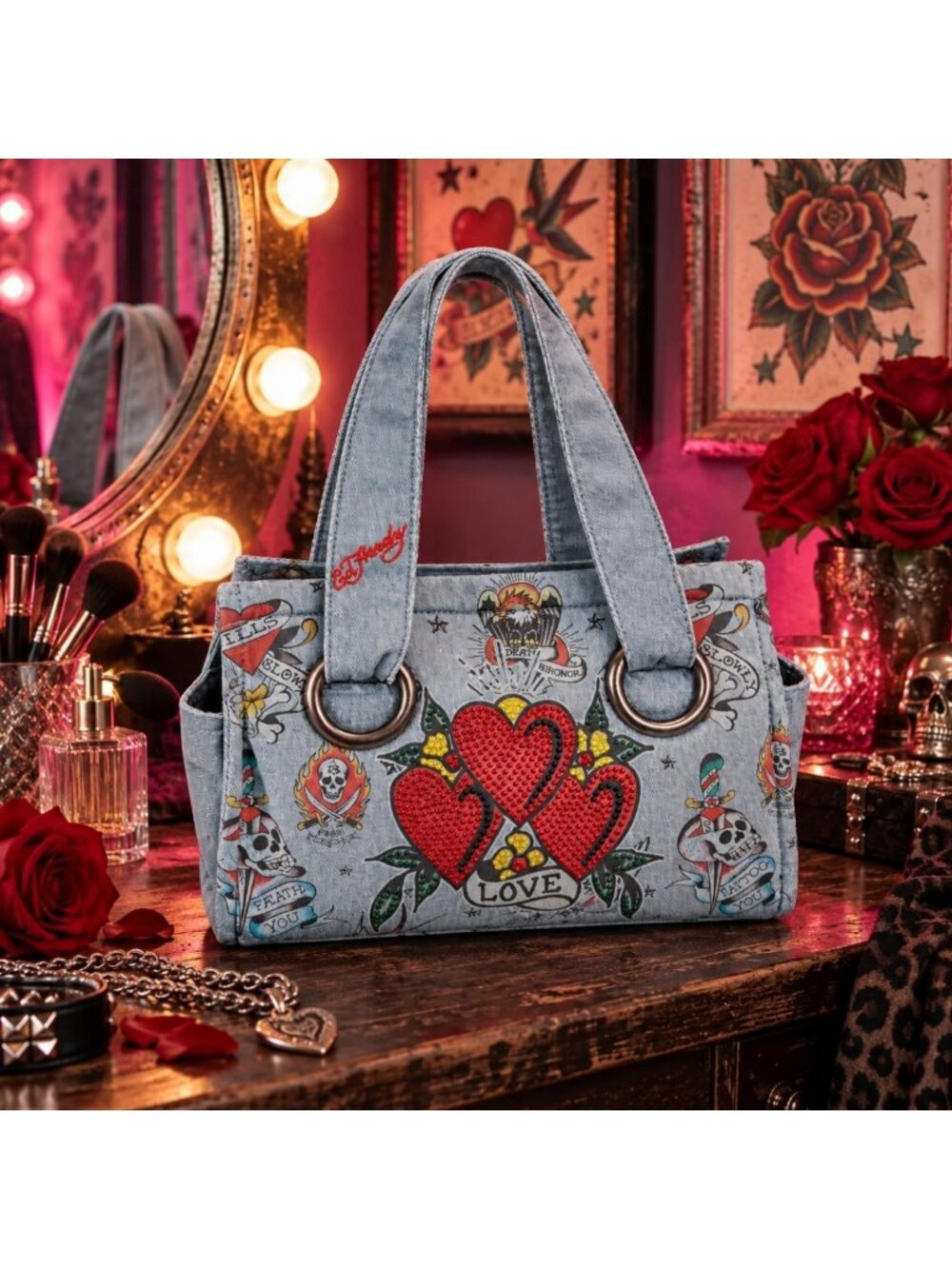 Vintage Denim Tattoo Print Tote Bag - Stylish, Spacious, Trendy Handbag - Picture 7 of 7